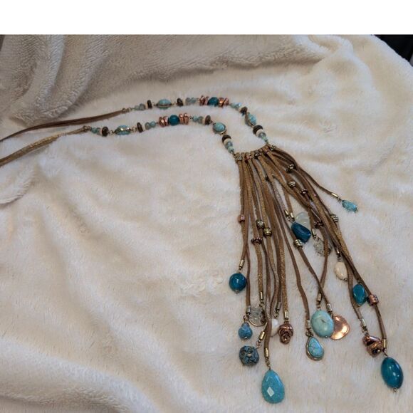 Boho Turquoise Rhinestone Fringe Statement Necklace Western Bib Tassel - Picture 6 of 7